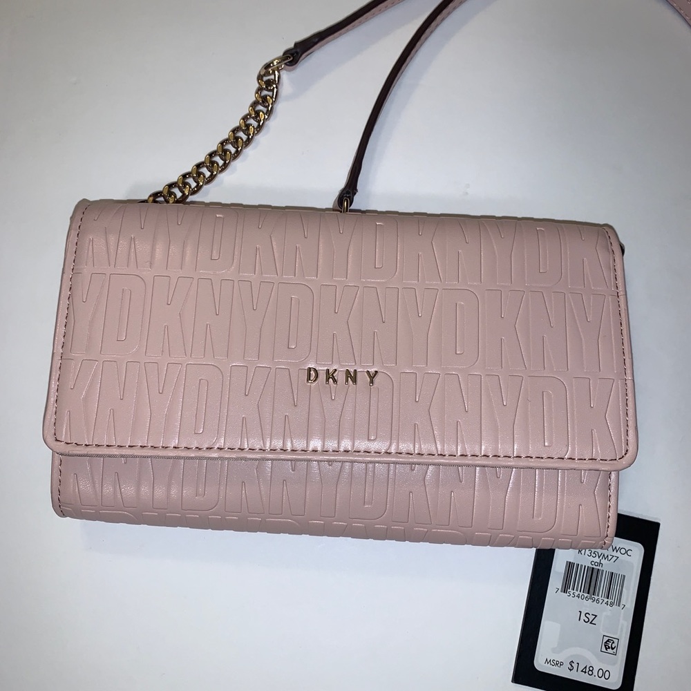 DKNY Veronica Blush Pink Logo Embossed Wallet On Chain Faux Leather NWT - Picture 2 of 5